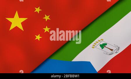 Two states flags of China and Equatorial Guinea. High quality business background. 3d illustration Stock Photo