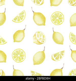 Watercolor seamless pattern of yellow lemon elements.  Isolated drawing on a white background Stock Photo