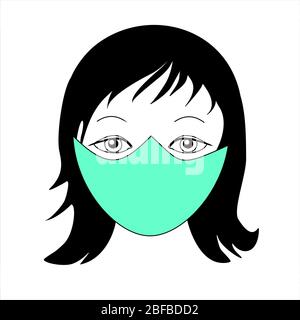 Face with the surgical mask  Face with the green surgical mask. Woman head and respirator. Simple black and white illustraton, white background Stock Photo