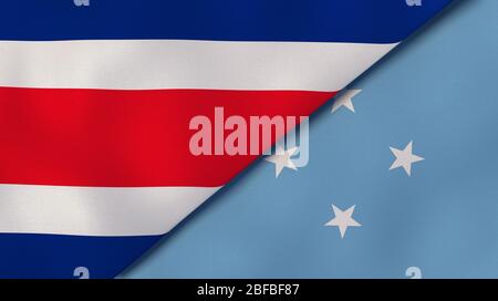 Two states flags of Costa Rica and Micronesia. High quality business background. 3d illustration Stock Photo
