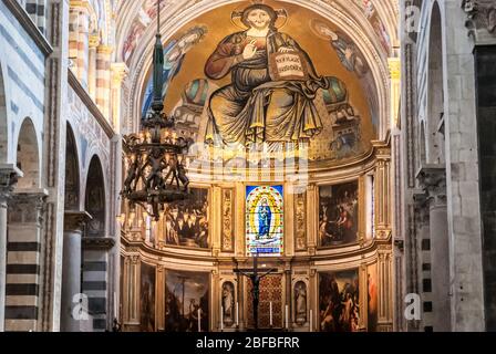 Pisa, Italy - april 24, 2019: Panoramic view of interior of Pisa Cathedral (Cattedrale Metropolitana Primaziale di Santa Maria Assunta) is a medieval Stock Photo