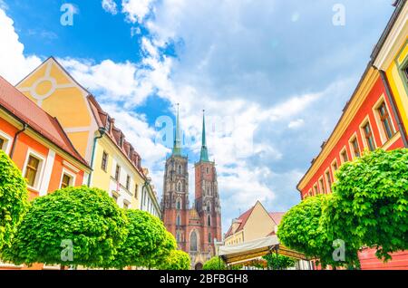 View of maple trees with green leaves, colorful buildings and Cathedral of St. John the Baptist church building with two spires in old historical city Stock Photo