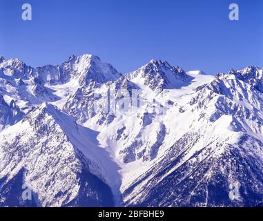 View of the French Alps in winter snow, Meribel, Savoie, France