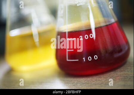 Two Erlenmeyer flasks containing unknown yellow and red liquid Stock Photo