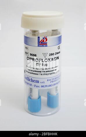 Ciprofloxacin, used to treat and prevent certain infections caused by bacteria.  It has also been known that Ciprofloxacin is used to treat anthrax in Stock Photo