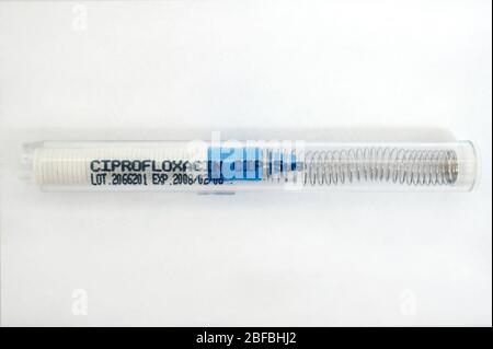 Ciprofloxacin, used to treat and prevent certain infections caused by bacteria.  It has also been known that Ciprofloxacin is used to treat anthrax in Stock Photo