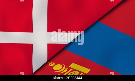 Two states flags of Denmark and Mongolia. High quality business background. 3d illustration Stock Photo