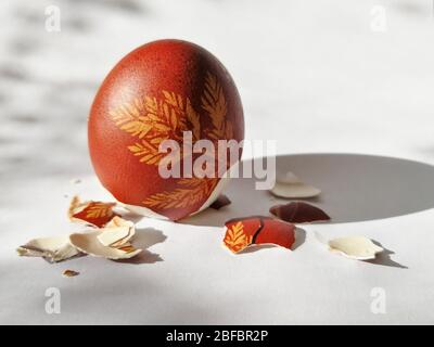 Broken eggshell painted Easter egg isolated on the white background Stock Photo
