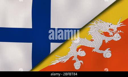 Two states flags of Finland and Bhutan. High quality business background. 3d illustration Stock Photo