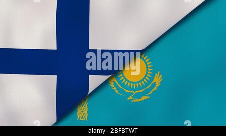 Two states flags of Finland and Kazakhstan. High quality business background. 3d illustration Stock Photo