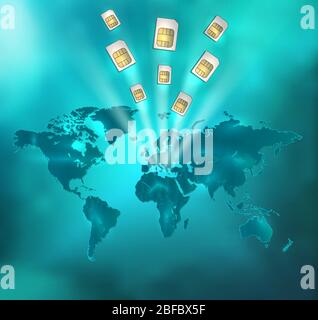 World map with separate states and sim cards in glowing magic light on celestial background vector Stock Vector