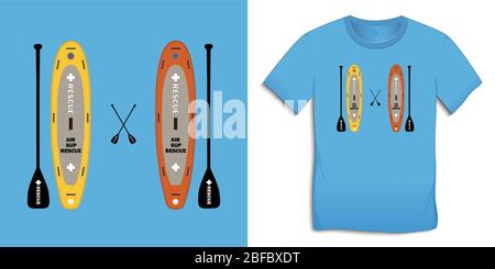 Print on t-shirt graphics design, Paddle board and surfboard, isolated on blue background vector Stock Vector