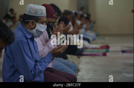 Pakistani religious scholar and Khateeb Professor Dr. Raghib Hussain Naeemi and people offering Jumma prayer at a mosque Jamia Naeemia during 25th day of government-imposed nationwide lockdown as a preventive measure against the spread of the COVID-19 coronavirus in the Provincial Capital city Lahore. As Government of Pakistan has issue order to keep all educational institutions, Shrines, Parks, Bazar, Markets and other public places close till April 30, 2020 due to Corona Virus. (Photo by Rana Sajid Hussain/Pacific Press) Stock Photo