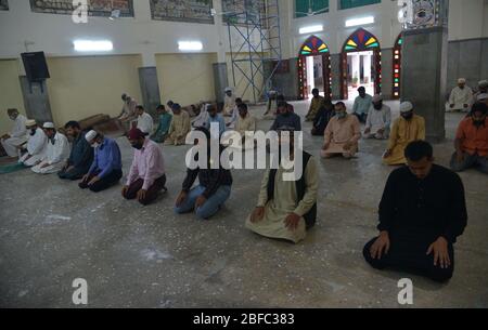 Pakistani religious scholar and Khateeb Professor Dr. Raghib Hussain Naeemi and people offering Jumma prayer at a mosque Jamia Naeemia during 25th day of government-imposed nationwide lockdown as a preventive measure against the spread of the COVID-19 coronavirus in the Provincial Capital city Lahore. As Government of Pakistan has issue order to keep all educational institutions, Shrines, Parks, Bazar, Markets and other public places close till April 30, 2020 due to Corona Virus. (Photo by Rana Sajid Hussain/Pacific Press) Stock Photo
