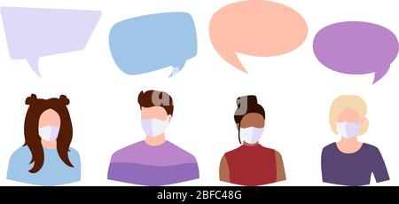 Coronavirus Covid 19, people student in white medical face mask dispute. Speech bubble icon dialogue discussion. International men woman in facemask debate. Stop pandemic. Vector illustration Stock Vector