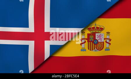 Two states flags of Iceland and Spain. High quality business background. 3d illustration Stock Photo