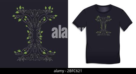 Print on t-shirt graphics design, tree silhouette abstract with leaves, isolated on dark background vector Stock Vector