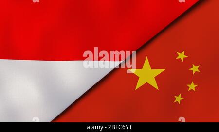 Two states flags of Indonesia and China. High quality business background. 3d illustration Stock Photo