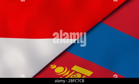 Two states flags of Indonesia and Mongolia. High quality business background. 3d illustration Stock Photo