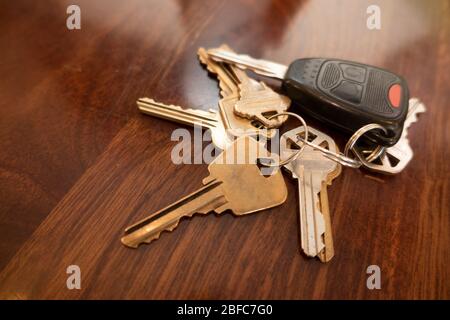 keys on a steel key ring with remote control car key Stock Photo