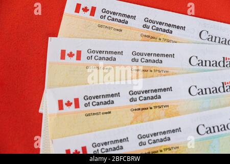 April 17 2020 - Calgary, Alberta Canada - Revenue Canada GST credit cheques to stimulat economy during Covid 19 Pandemic Stock Photo