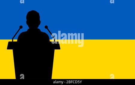 Orator Speaking From Tribune Ukraine Flag Background. Public Speaker Speech In Ukraine. Businessman Presentation Conference Concept. Stock Photo