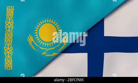 Two states flags of Kazakhstan and Finland. High quality business background. 3d illustration Stock Photo