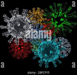 Colorful group of different viruses on a black background. Stock Photo