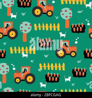 Cute farm pattern with tractors, carrots, fence, apple trees and cats. Repeating seamless vector background for kids. Farming pattern for wrapping Stock Vector