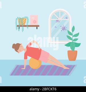 quarantine stay at home, woman with yoga ball in room cartoon vector illustration Stock Vector