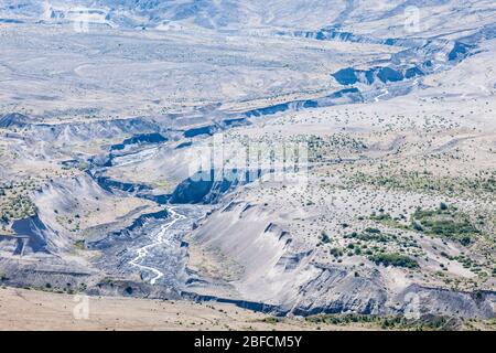 Loowit creek makes it's way down through the ash plain on the North side of Mount Saint Helens, Washington, USA. Stock Photo