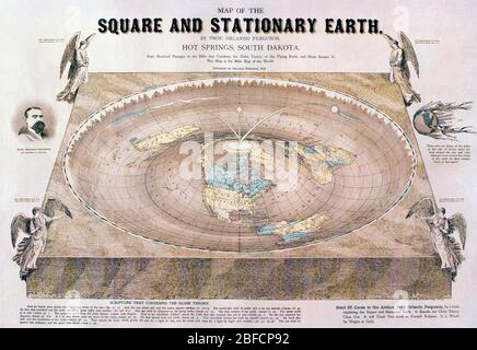 A 'flat-Earth' map drawn by Orlando Ferguson in 1893.  The main text reads:  MAP OF THE SQUARE AND STATIONARY EARTH. BY PROF. ORLANDO FERGUSON, HOT SPRINGS, SOUTH DAKOTA. Four Hundred Passages in the Bible that Condemns the Globe Theory, or the Flying Earth, and None Sustain It. This Map is the Bible Map of the World. Copyright by Orlando Ferguson, 1893.  The four corner angels each have the note:      Four Angels standing on the Four Corners of the Earth—Rev. 7: 1.  The Orlando Ferguson medallion note reads      PROF. ORLANDO FERGUSON,     HOT SPRINGS, S. DAKOTA.  The Globe Earth medallion no