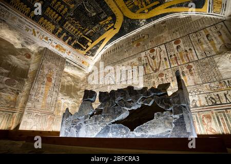 Broken sarcophagus inside the Tomb of Ramses V and VI in the Valley of the Kings near Luxor, Egypt. Stock Photo