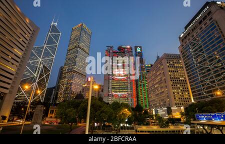 The Mandarin Oriental Hotel, HSBC bank, the Standard Chartered bank, and Bank of China, Central financial district, Hong Kong Stock Photo