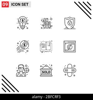 Universal Icon Symbols Group of 9 Modern Outlines of page, book, shield, coin, dollar Editable Vector Design Elements Stock Vector