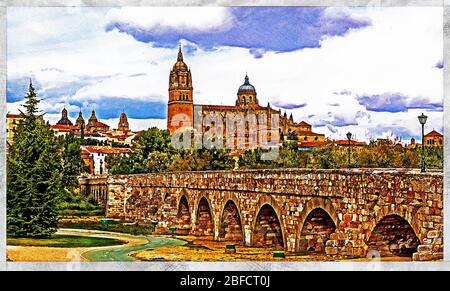 Panoramic view on Cathedral and roman bridge. Salamanca, Castile and Leon, Spain. Color pencil sketch illustration. Stock Photo