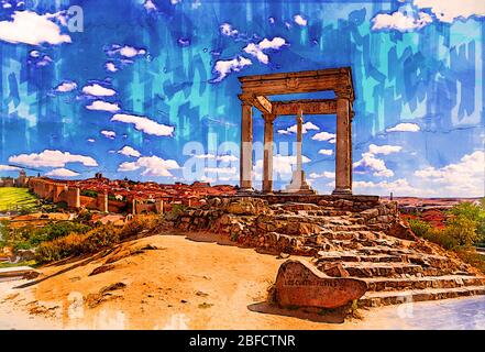 Viewpoint 'Los Cuatro Postes' with background city walls of Old Town of Avila, Spain. Color pencil sketch illustration. Stock Photo