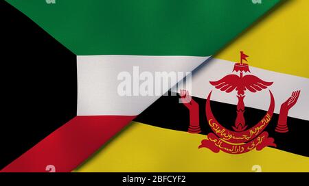 Two states flags of Kuwait and Brunei. High quality business background. 3d illustration Stock Photo