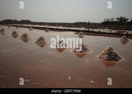 Salt farms or salt fields of Kampot province in Cambodia during harvest season that shows the local livelihood and culture of the people Stock Photo