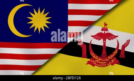 Two states flags of Malaysia and Brunei. High quality business background. 3d illustration Stock Photo