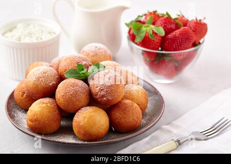 Beautiful Breakfast. Cottage Cheese Donuts Balls On A Light Background 