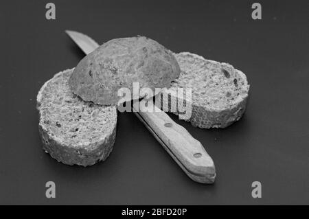 Three pieces of sliced bread in Black and White Stock Photo