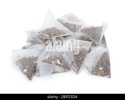 Pyramid shape tea bags isolated on white background Stock Photo