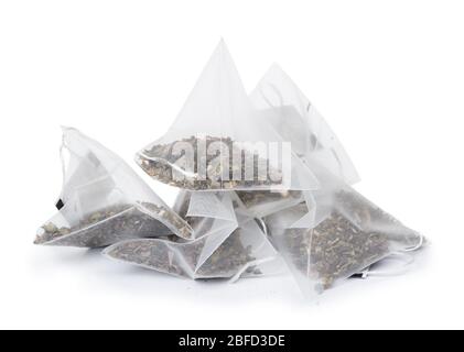 Pyramid shape tea bags isolated on white background Stock Photo