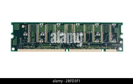 Green stick of RAM memory for computer with electronics components isolated on white background Stock Photo