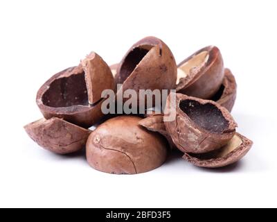 Heap of empty macadamia nut shell isolated on white background Stock Photo