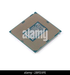 Closeup of modern CPU (Central Processing Unit) or Microchip Computer isolated on white background Stock Photo