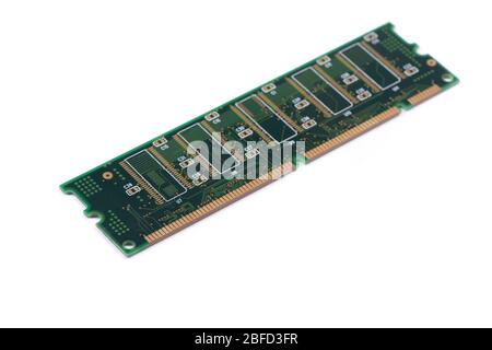 Green stick of RAM memory for computer with electronics components isolated on white background Stock Photo
