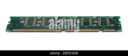 Green stick of RAM memory for computer with electronics components isolated on white background Stock Photo