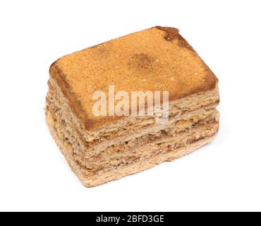 Rectangular piece of classic honey cake isolated on white background Stock Photo